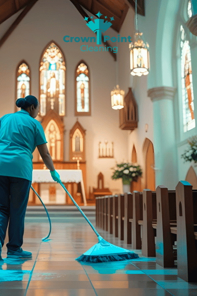 Cleaner in church, sweeping floors in Charlotte, NC.