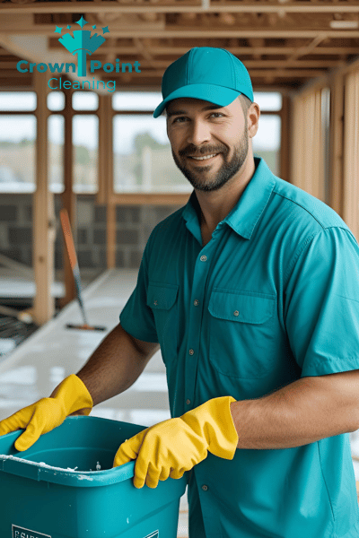 Man on construction site in Charlotte NC, cleaning up debris for Crown Point Cleaning.
