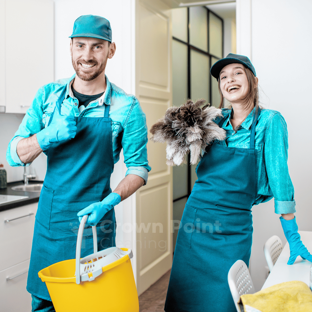 Cleaners standing in kitchen smiling while working for the best cleaning company in Charlotte.