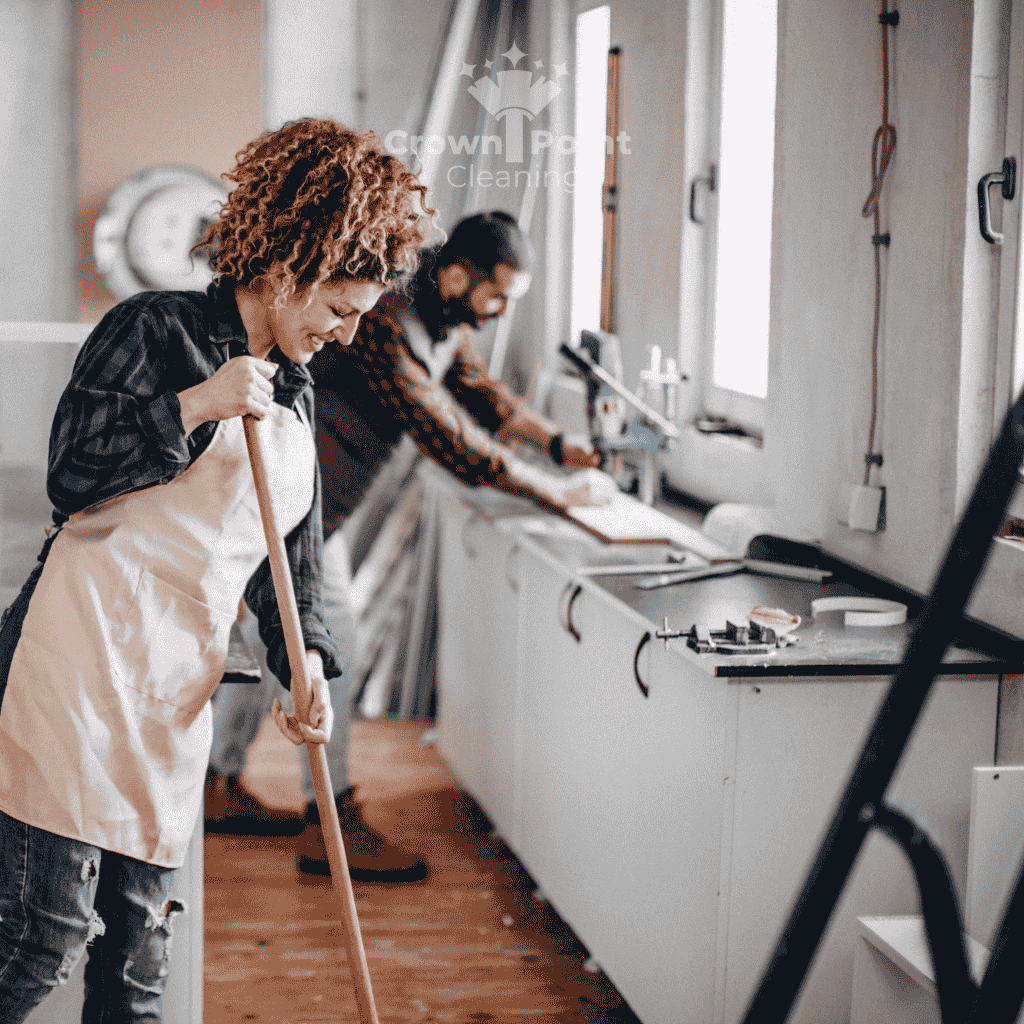 Post-construction cleaning job showing cleaner sweeping while contractor works in the background while working in Charlotte NC for Crown Point Cleaning.