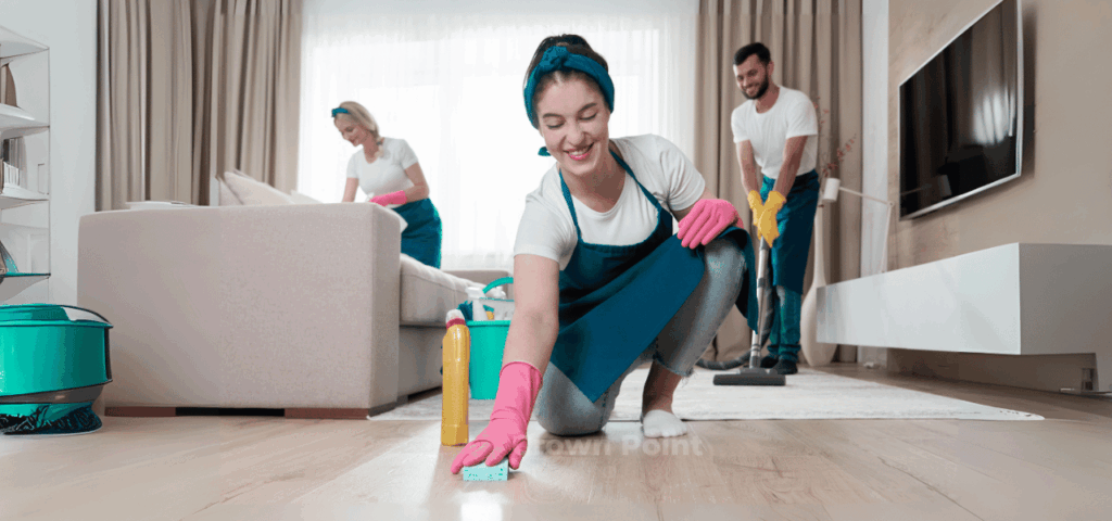 House cleaning cost graphic showing cleaner in Charlotte kneeling down and wiping floor with three others in the background.